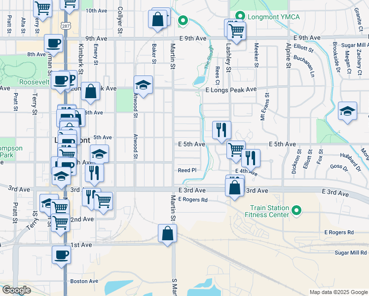map of restaurants, bars, coffee shops, grocery stores, and more near 34 East 5th Avenue in Longmont