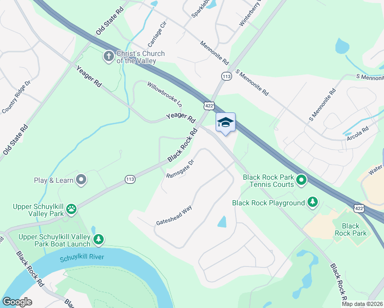 map of restaurants, bars, coffee shops, grocery stores, and more near 114 Ramsgate Drive in Phoenixville