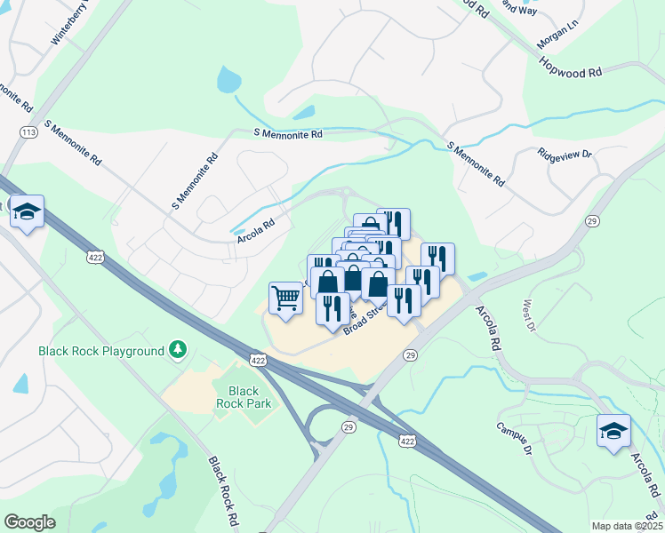 map of restaurants, bars, coffee shops, grocery stores, and more near 1001 Arborview Boulevard in Collegeville