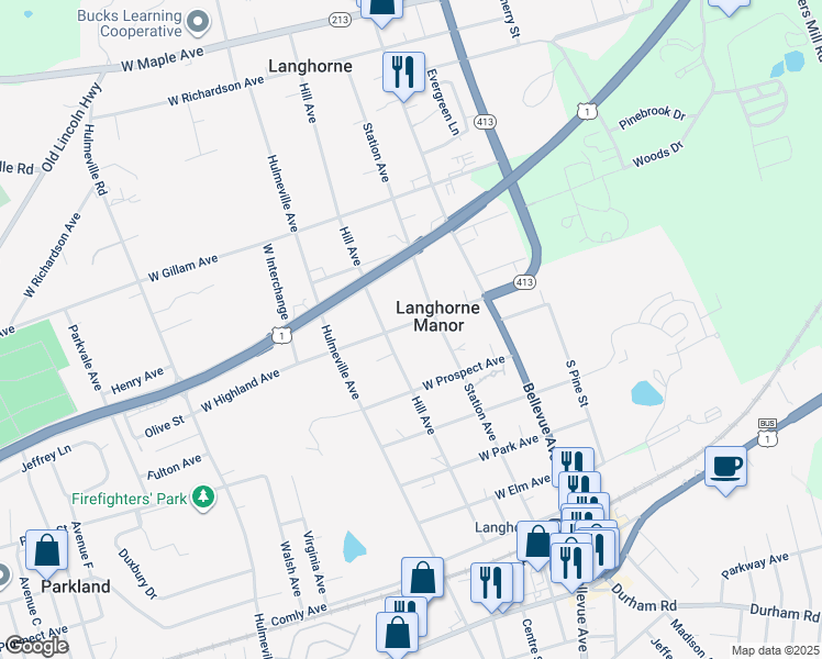 map of restaurants, bars, coffee shops, grocery stores, and more near 213 West Highland Avenue in Langhorne