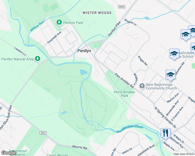 map of restaurants, bars, coffee shops, grocery stores, and more near 837 Creekview Drive in Penllyn