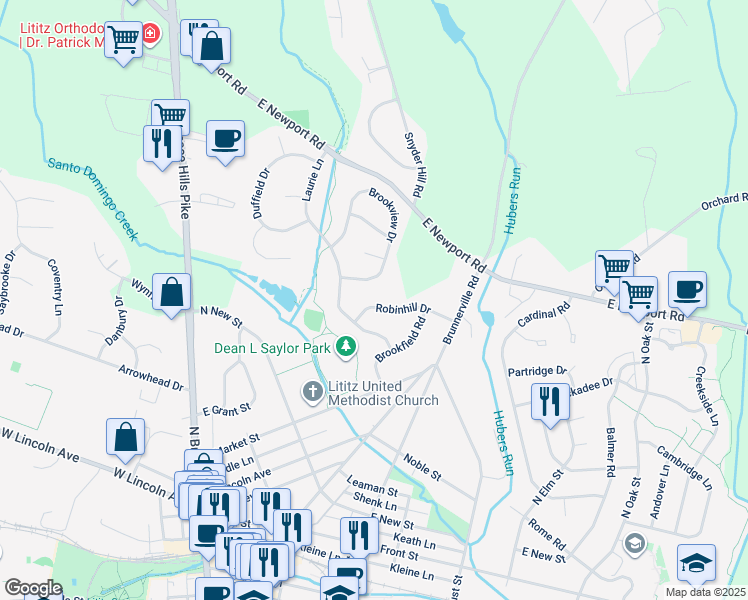 map of restaurants, bars, coffee shops, grocery stores, and more near 84 Robinhill Drive in Lititz