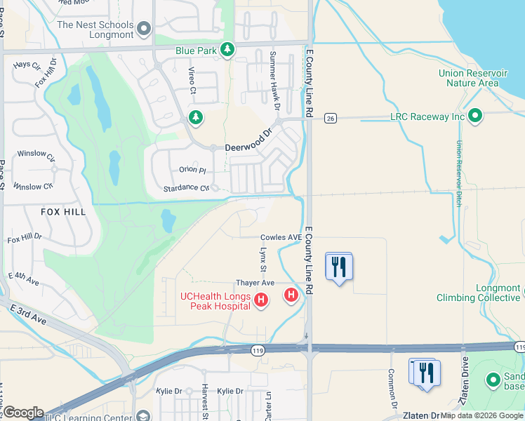 map of restaurants, bars, coffee shops, grocery stores, and more near 535 Summer Hawk Drive in Longmont