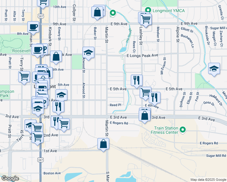 map of restaurants, bars, coffee shops, grocery stores, and more near 34 East 5th Avenue in Longmont