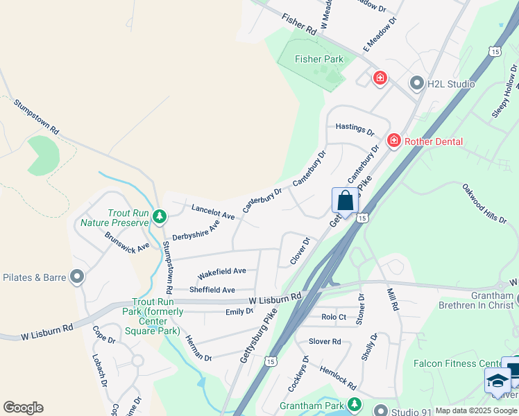 map of restaurants, bars, coffee shops, grocery stores, and more near 2249 Canterbury Drive in Mechanicsburg