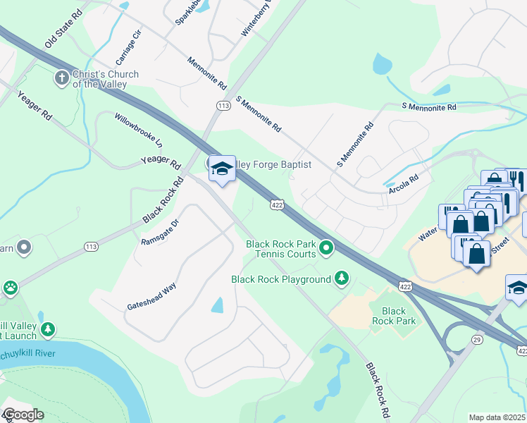 map of restaurants, bars, coffee shops, grocery stores, and more near 1380 Black Rock Road in Phoenixville
