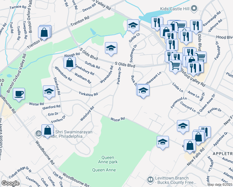 map of restaurants, bars, coffee shops, grocery stores, and more near 530 Parkway Drive in Fairless Hills