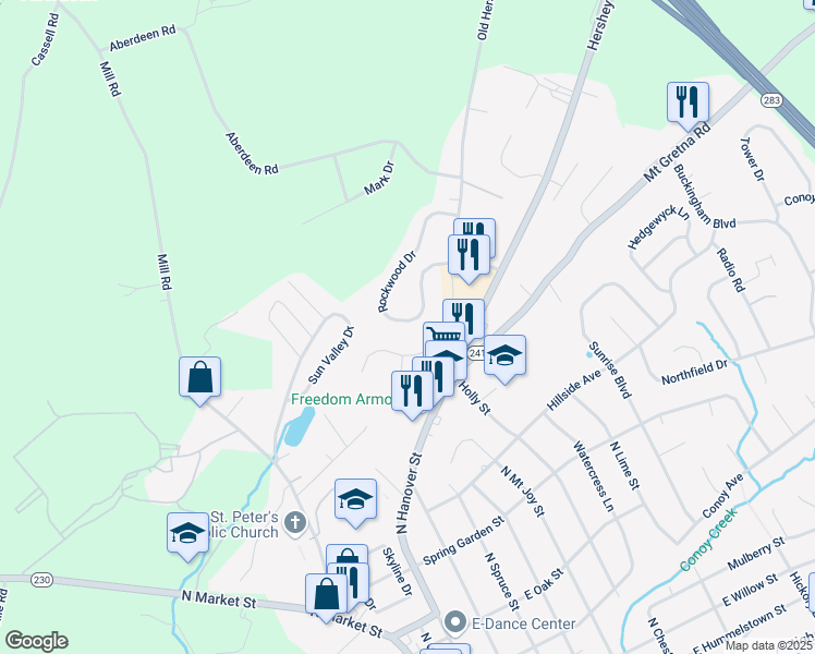 map of restaurants, bars, coffee shops, grocery stores, and more near 472 Rockwood Drive in Elizabethtown