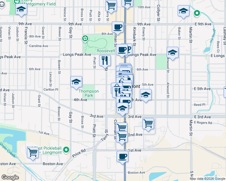 map of restaurants, bars, coffee shops, grocery stores, and more near 436 Coffman Street in Longmont