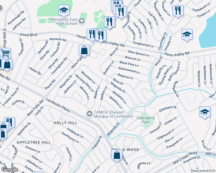 map of restaurants, bars, coffee shops, grocery stores, and more near 62 Mistletoe Lane in Levittown