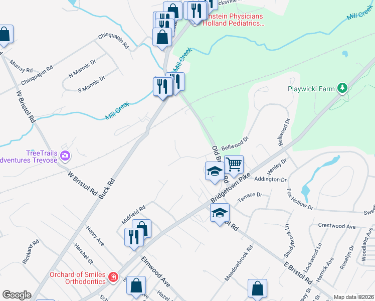 map of restaurants, bars, coffee shops, grocery stores, and more near 14 Bellwood Drive in Holland