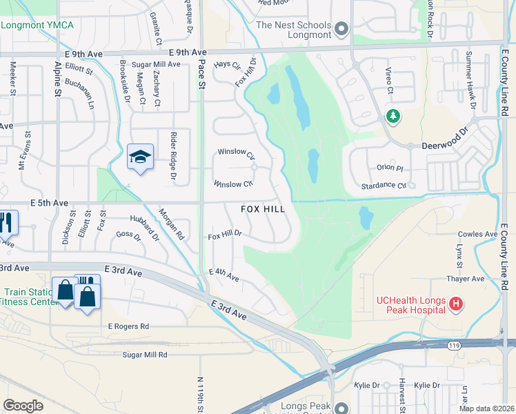 map of restaurants, bars, coffee shops, grocery stores, and more near 485 Greenwood Lane in Longmont