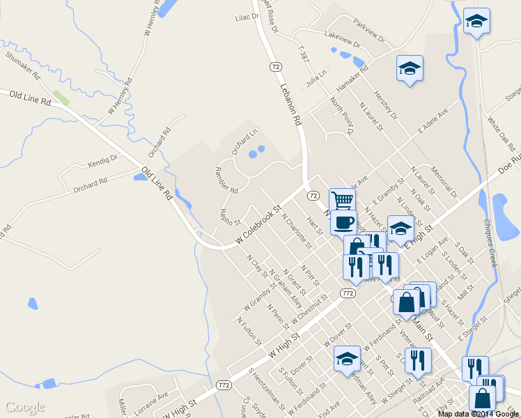 map of restaurants, bars, coffee shops, grocery stores, and more near 213 North Pitt Street in Manheim