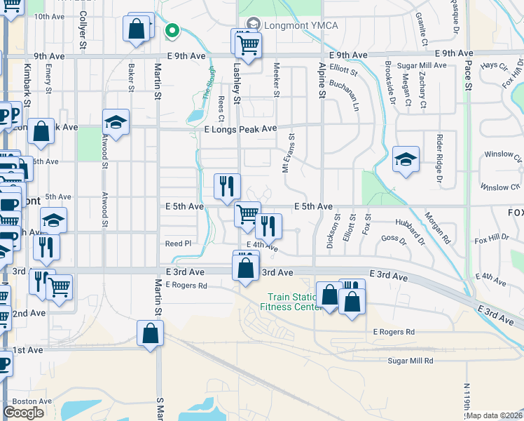 map of restaurants, bars, coffee shops, grocery stores, and more near 237 Andrew Court in Longmont