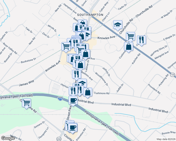 map of restaurants, bars, coffee shops, grocery stores, and more near 940 Woodbourne Drive in Southampton