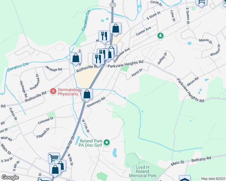 map of restaurants, bars, coffee shops, grocery stores, and more near 1136 Steinmetz Road in Ephrata