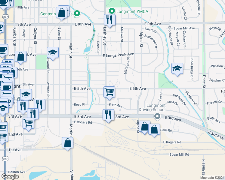 map of restaurants, bars, coffee shops, grocery stores, and more near 225 Andrew Court in Longmont
