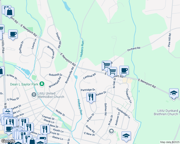 map of restaurants, bars, coffee shops, grocery stores, and more near 574 East Newport Road in Lititz