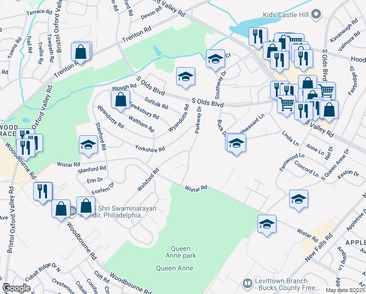 map of restaurants, bars, coffee shops, grocery stores, and more near 223 Welsford Road in Fairless Hills