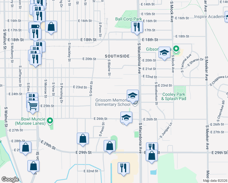 map of restaurants, bars, coffee shops, grocery stores, and more near 1504 E 24th St in Muncie