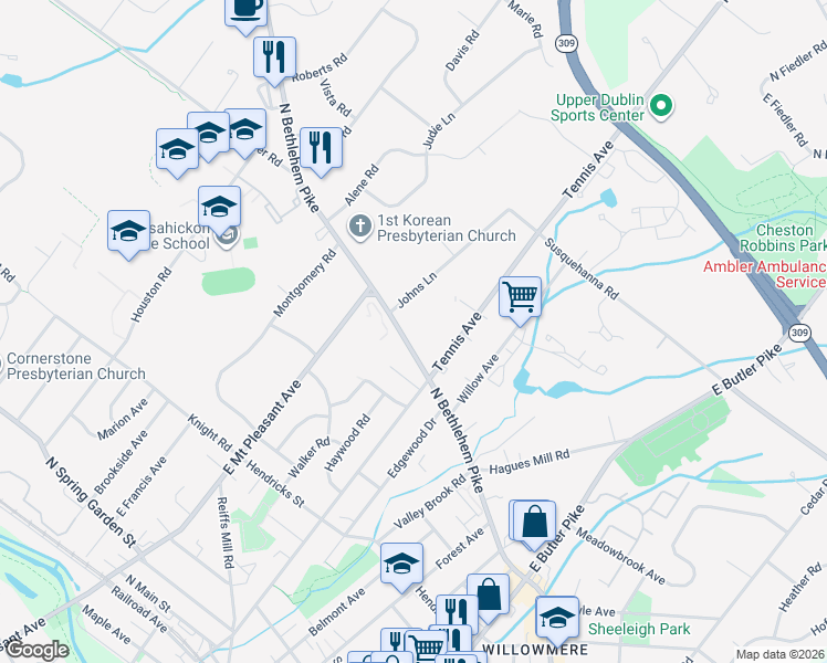 map of restaurants, bars, coffee shops, grocery stores, and more near 316 North Bethlehem Pike in Ambler