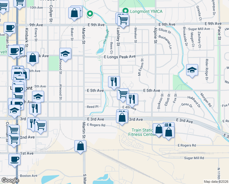 map of restaurants, bars, coffee shops, grocery stores, and more near 141 East 5th Avenue in Longmont