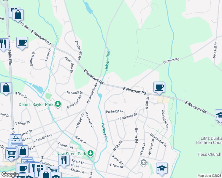 map of restaurants, bars, coffee shops, grocery stores, and more near 572 East Newport Road in Lititz