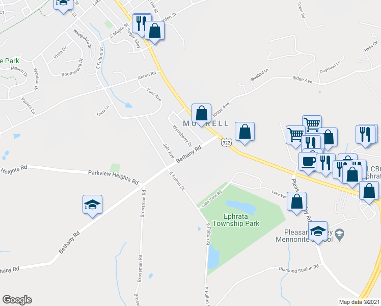 map of restaurants, bars, coffee shops, grocery stores, and more near 43 Bethany Road in Ephrata