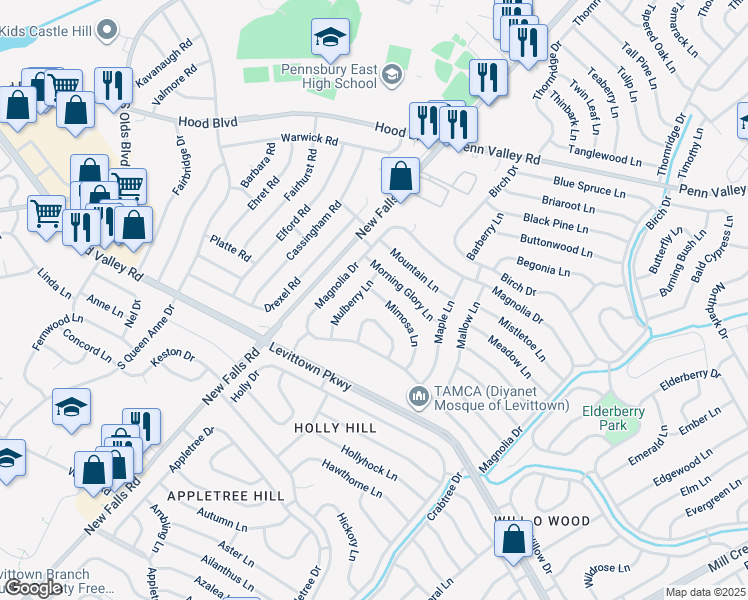 map of restaurants, bars, coffee shops, grocery stores, and more near 51 Mimosa Lane in Levittown