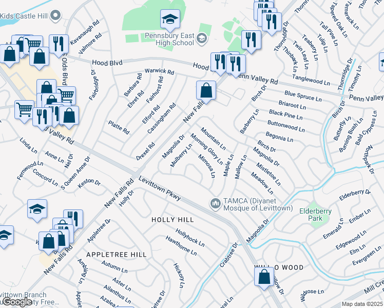 map of restaurants, bars, coffee shops, grocery stores, and more near 51 Mimosa Lane in Levittown
