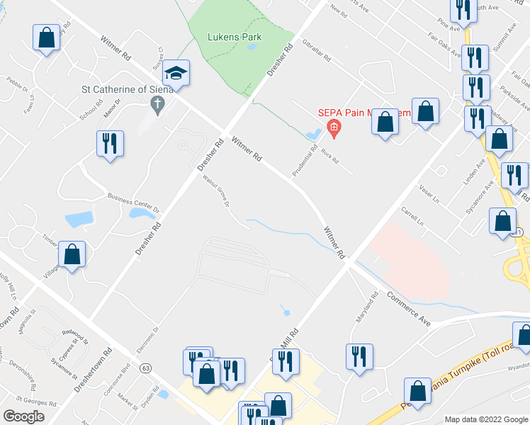 map of restaurants, bars, coffee shops, grocery stores, and more near 5 Walnut Grove Drive in Horsham