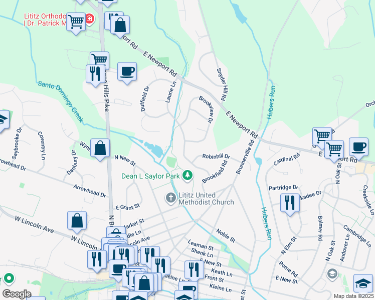 map of restaurants, bars, coffee shops, grocery stores, and more near 94 Laurie Lane in Lititz