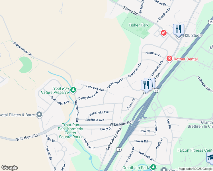 map of restaurants, bars, coffee shops, grocery stores, and more near 2260 Canterbury Drive in Mechanicsburg