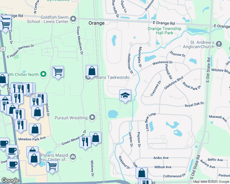 map of restaurants, bars, coffee shops, grocery stores, and more near 1225 Westwood Drive in Lewis Center