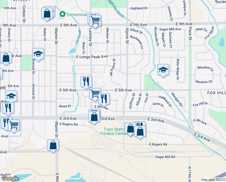 map of restaurants, bars, coffee shops, grocery stores, and more near 281 Caywood Court in Longmont