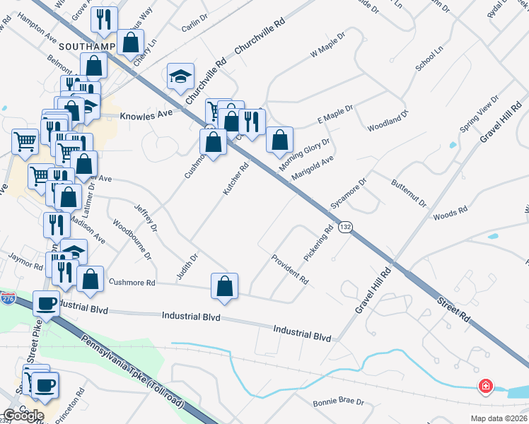 map of restaurants, bars, coffee shops, grocery stores, and more near 1160 Street Road in Southampton
