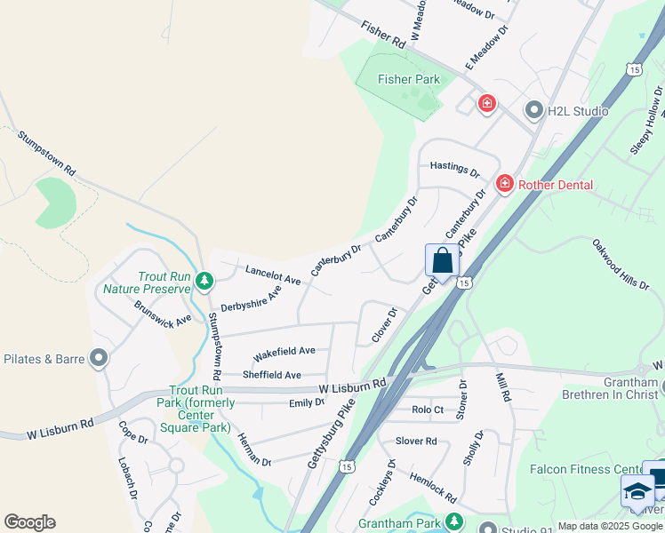 map of restaurants, bars, coffee shops, grocery stores, and more near 2249 Canterbury Drive in Mechanicsburg