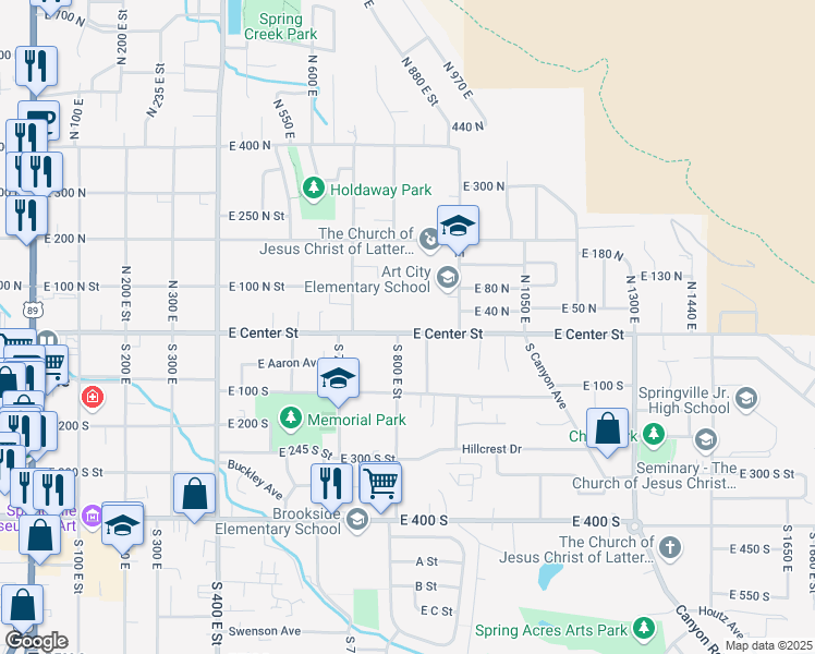 map of restaurants, bars, coffee shops, grocery stores, and more near 813 East Center Street in Springville