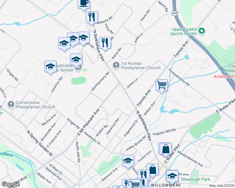 map of restaurants, bars, coffee shops, grocery stores, and more near 250 North Bethlehem Pike in Ambler