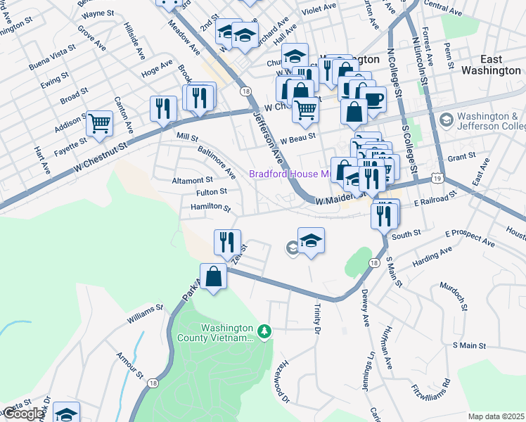 map of restaurants, bars, coffee shops, grocery stores, and more near 309 West Maiden Street in Washington