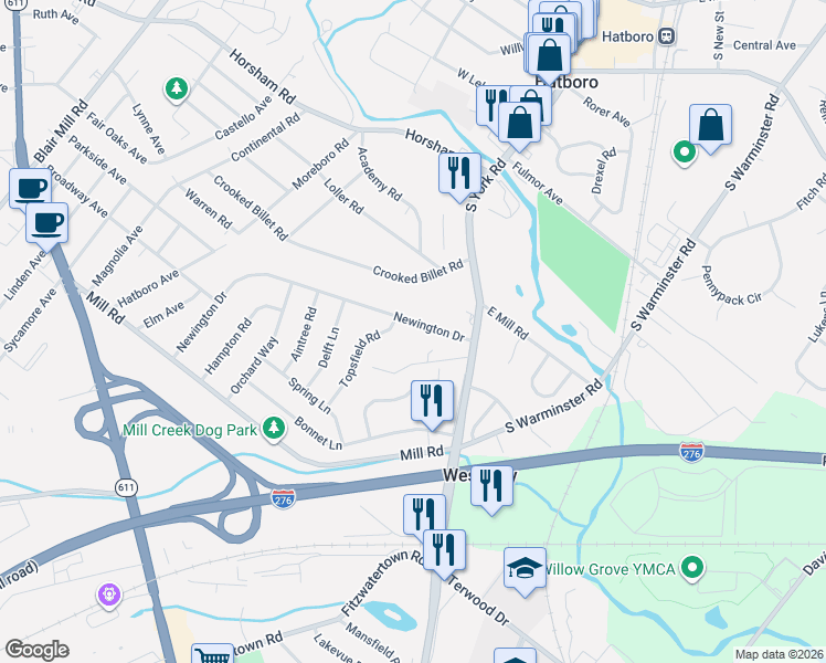 map of restaurants, bars, coffee shops, grocery stores, and more near 17 Newington Drive in Hatboro