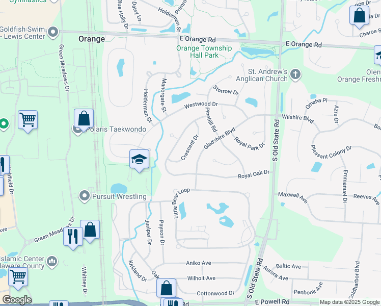 map of restaurants, bars, coffee shops, grocery stores, and more near 8023 Crescent Drive in Lewis Center