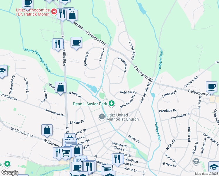 map of restaurants, bars, coffee shops, grocery stores, and more near 94 Laurie Lane in Lititz