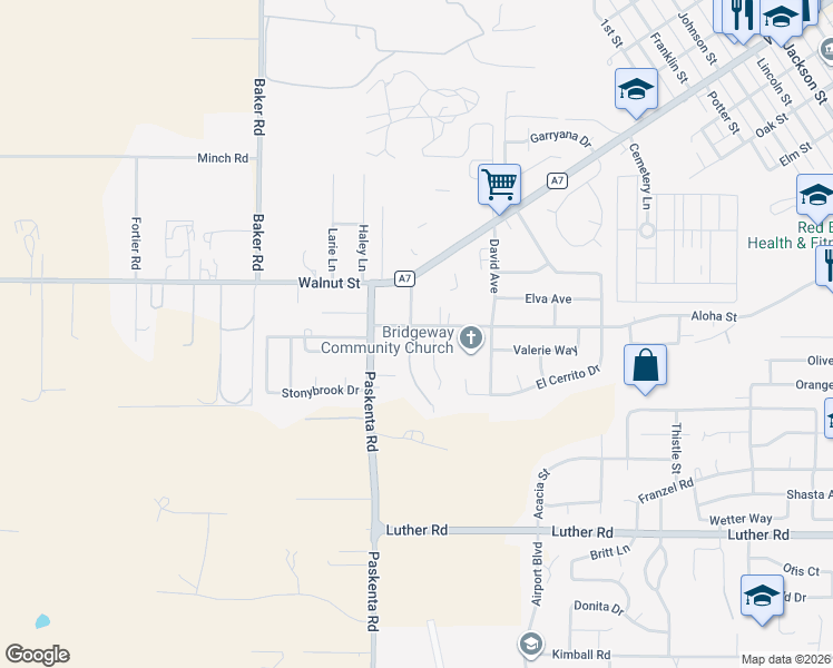 map of restaurants, bars, coffee shops, grocery stores, and more near 1885 Aloha Street in Red Bluff