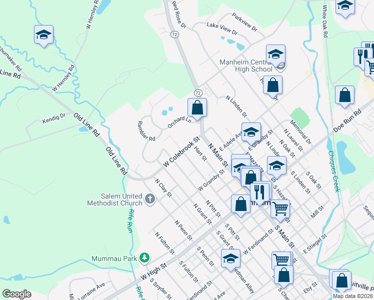 map of restaurants, bars, coffee shops, grocery stores, and more near 201 North Charlotte Street in Manheim