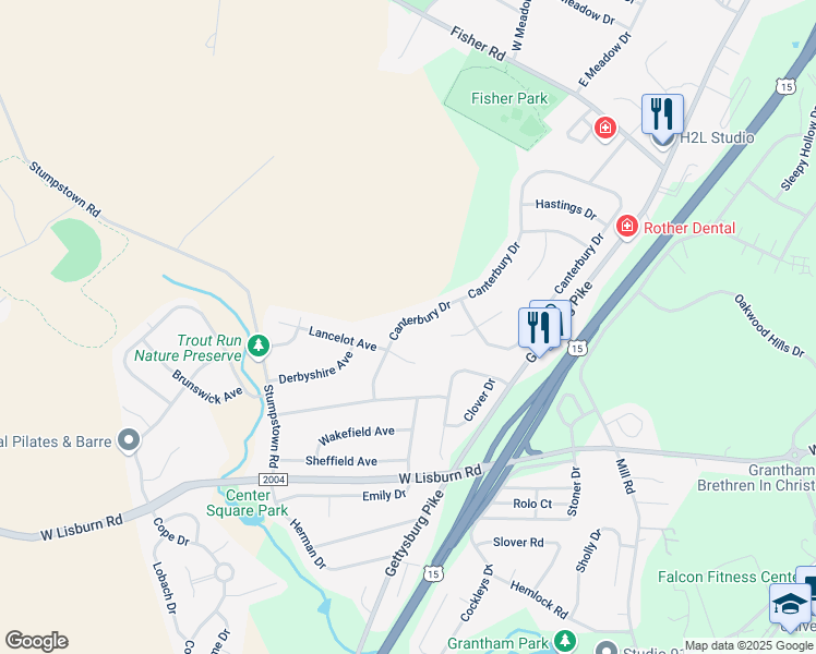 map of restaurants, bars, coffee shops, grocery stores, and more near 2251 Canterbury Drive in Mechanicsburg