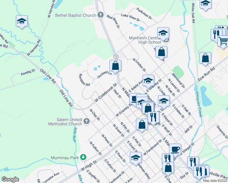 map of restaurants, bars, coffee shops, grocery stores, and more near 176 Hart Street in Manheim