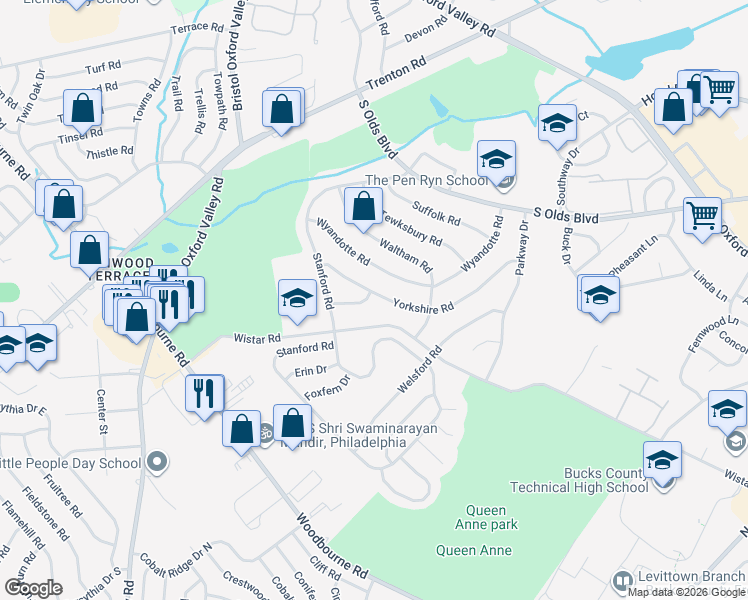 map of restaurants, bars, coffee shops, grocery stores, and more near 214 Yorkshire Lane in Fairless Hills