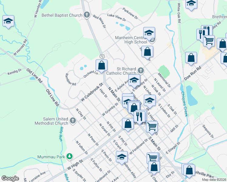map of restaurants, bars, coffee shops, grocery stores, and more near 2 East Adele Avenue in Manheim