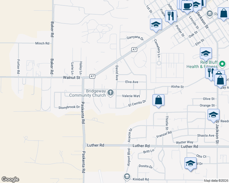 map of restaurants, bars, coffee shops, grocery stores, and more near 1801-1885 Aloha St in Red Bluff